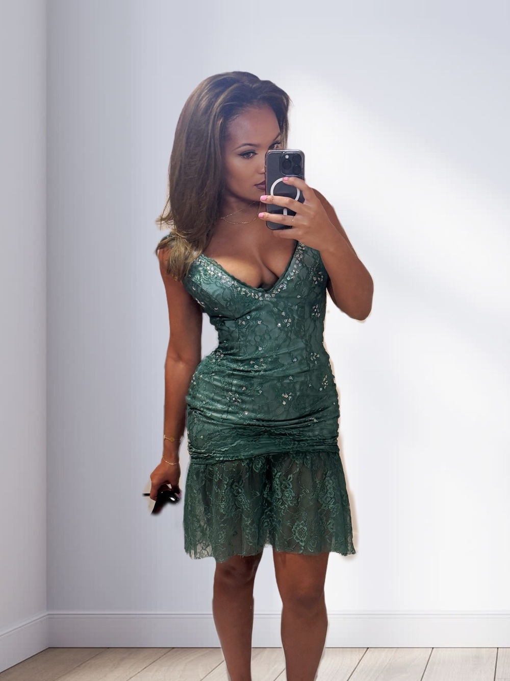 Emerald Green Lace Cocktail Dress - Picture 4 of 4